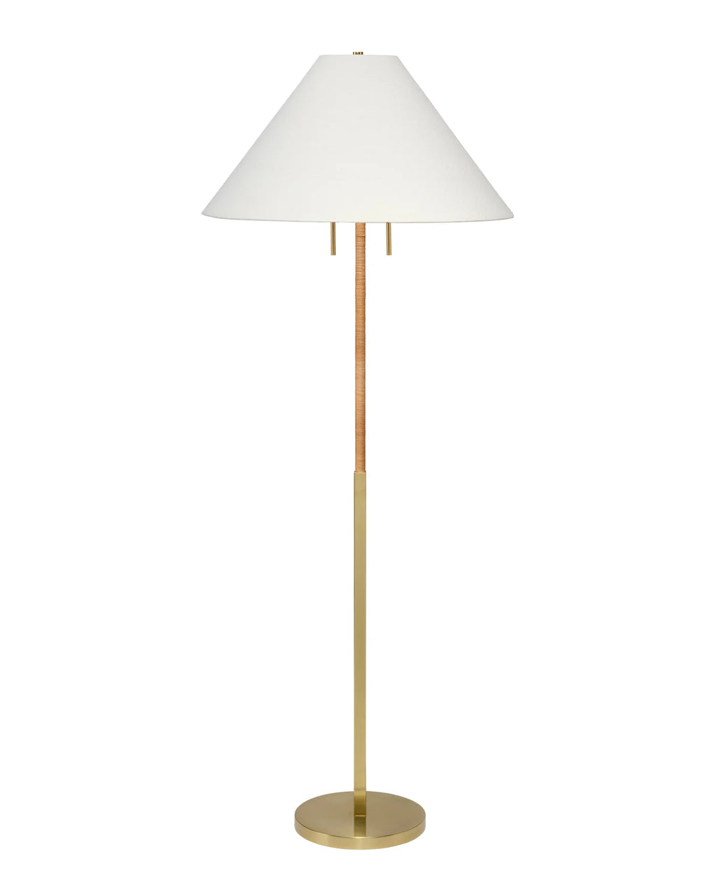 A modern floor lamp with a tapered white fabric shade, a slim brass-finished metal stem hand-wrapped in rattan, and a round brass base, shown against a plain white background.