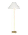 A modern floor lamp with a tapered white fabric shade, a slim brass-finished metal stem hand-wrapped in rattan, and a round brass base, shown against a plain white background.