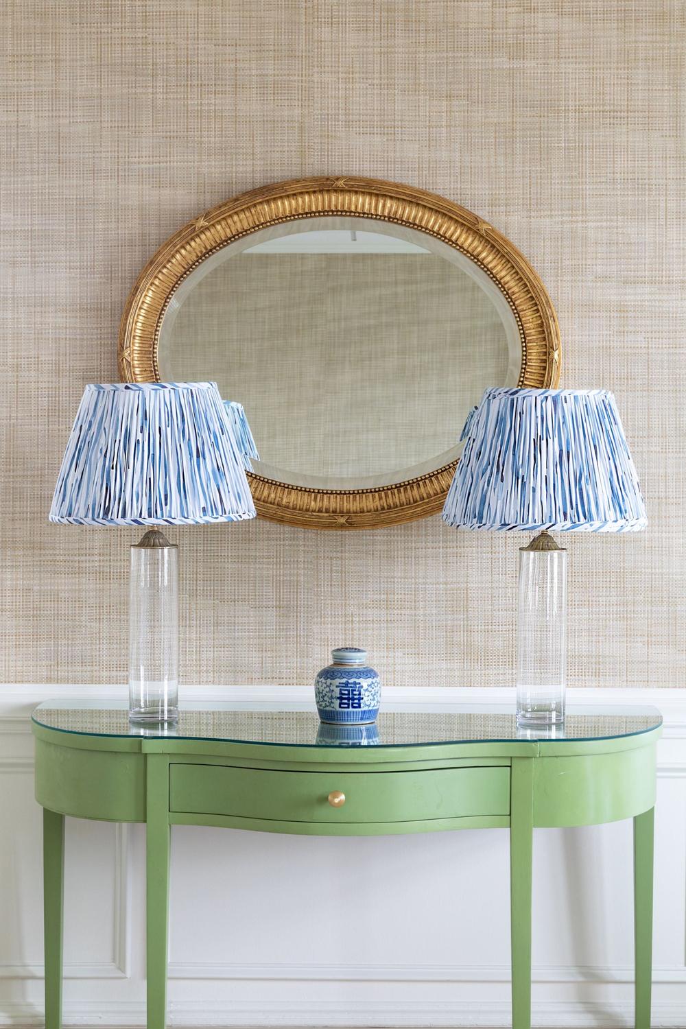 Sorella Glen Blue River Empire Lampshades styled on a pair of acrylic table lamps in Nashville, Tennessee