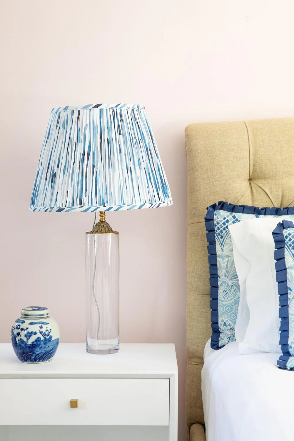 Sorella Glen Blue River Empire Lampshade styled on an acrylic table lamp in Nashville, Tennessee