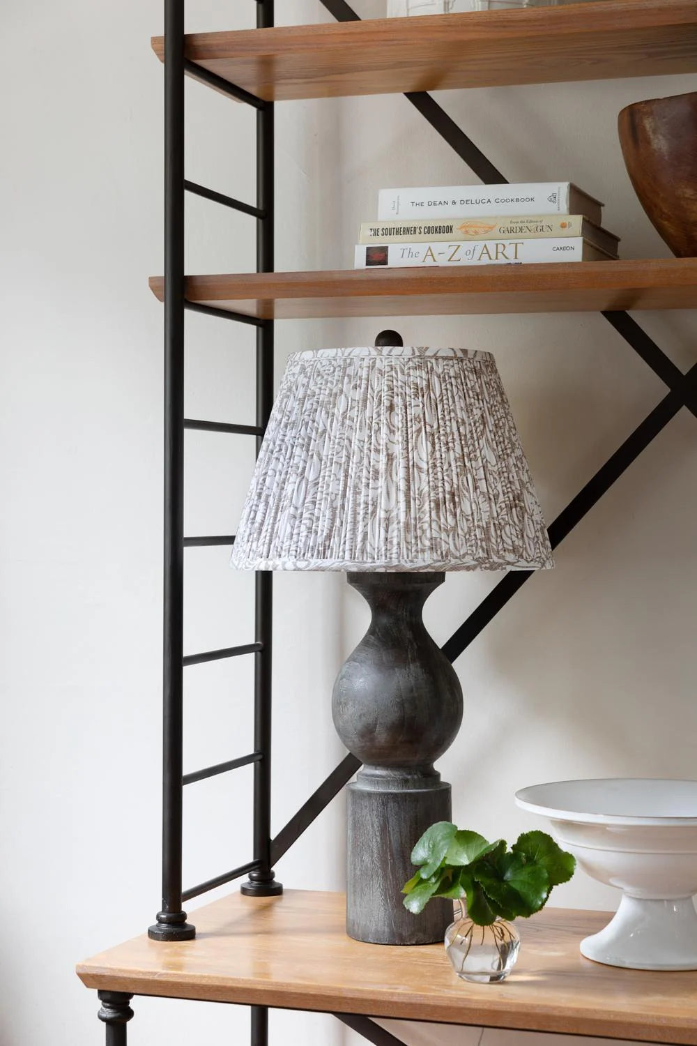 Sorella Glen Fawn Fern Empire Lampshade styled on a dark wood table lamp in Nashville, Tennessee