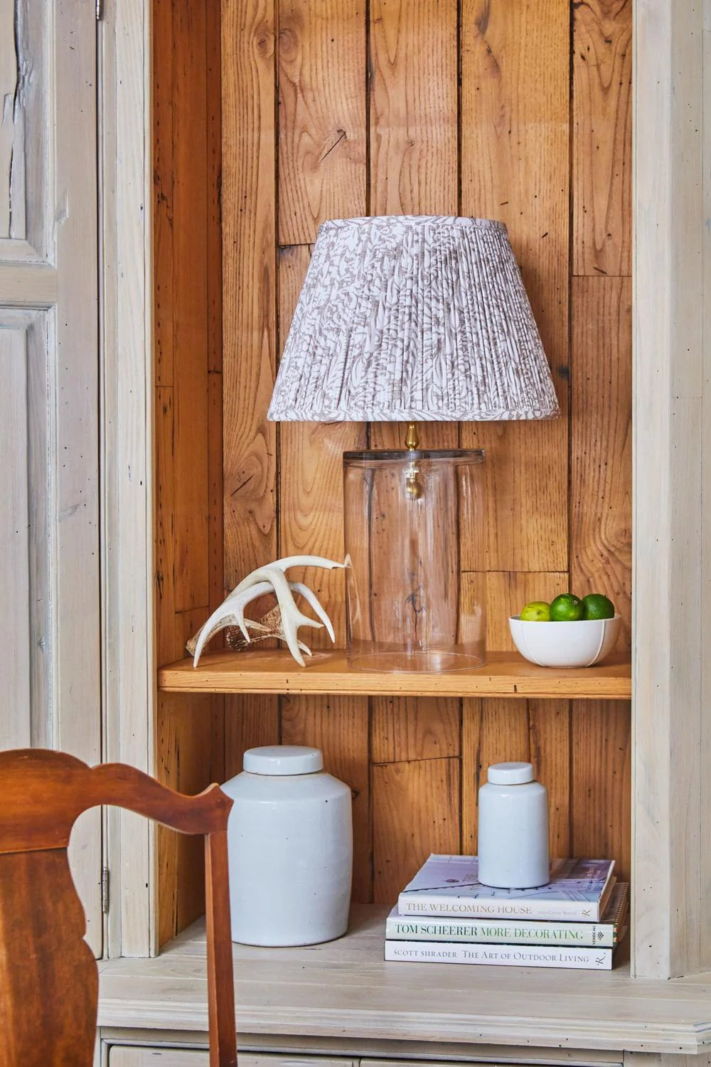 Sorella Glen Fawn Fern Empire Lampshade styled on a glass table lamp in Nashville, Tennessee