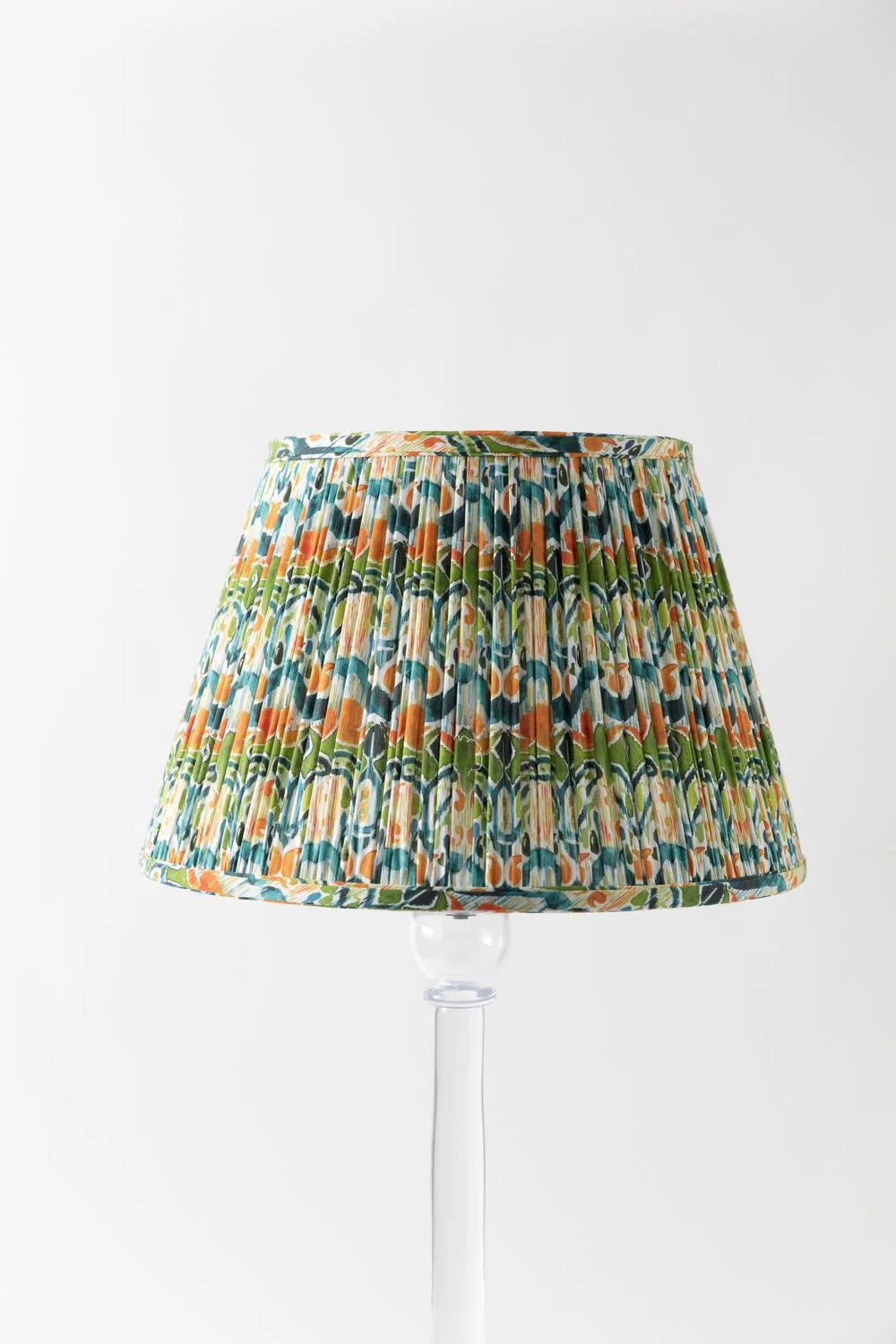 Sorella Glen Green Kaleidoscope Empire Lampshade styled on an acrylic table lamp in Nashville, Tennessee