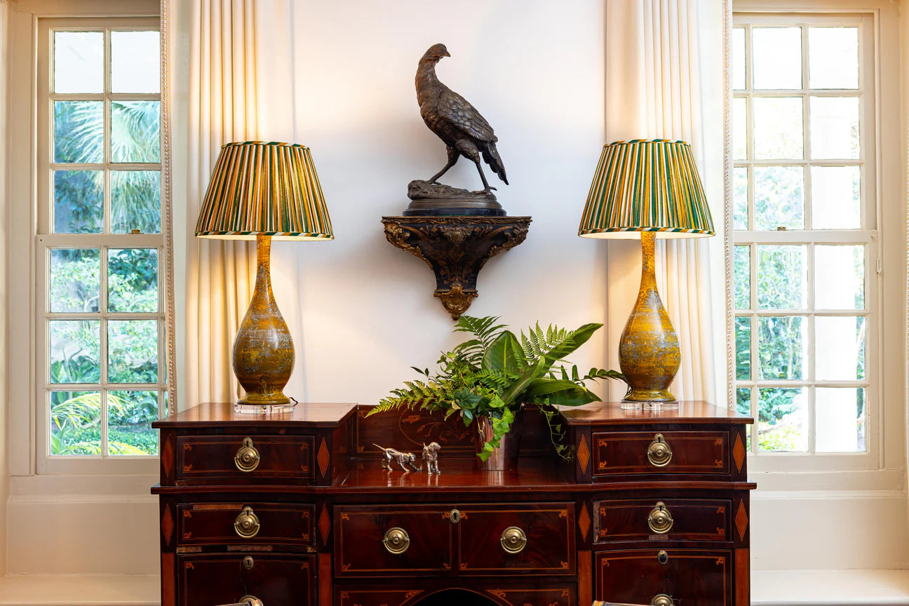 Sorella Glen Jaipur Stripe Empire Lampshades styled on a pair of marble table lamps in Nashville, Tennessee