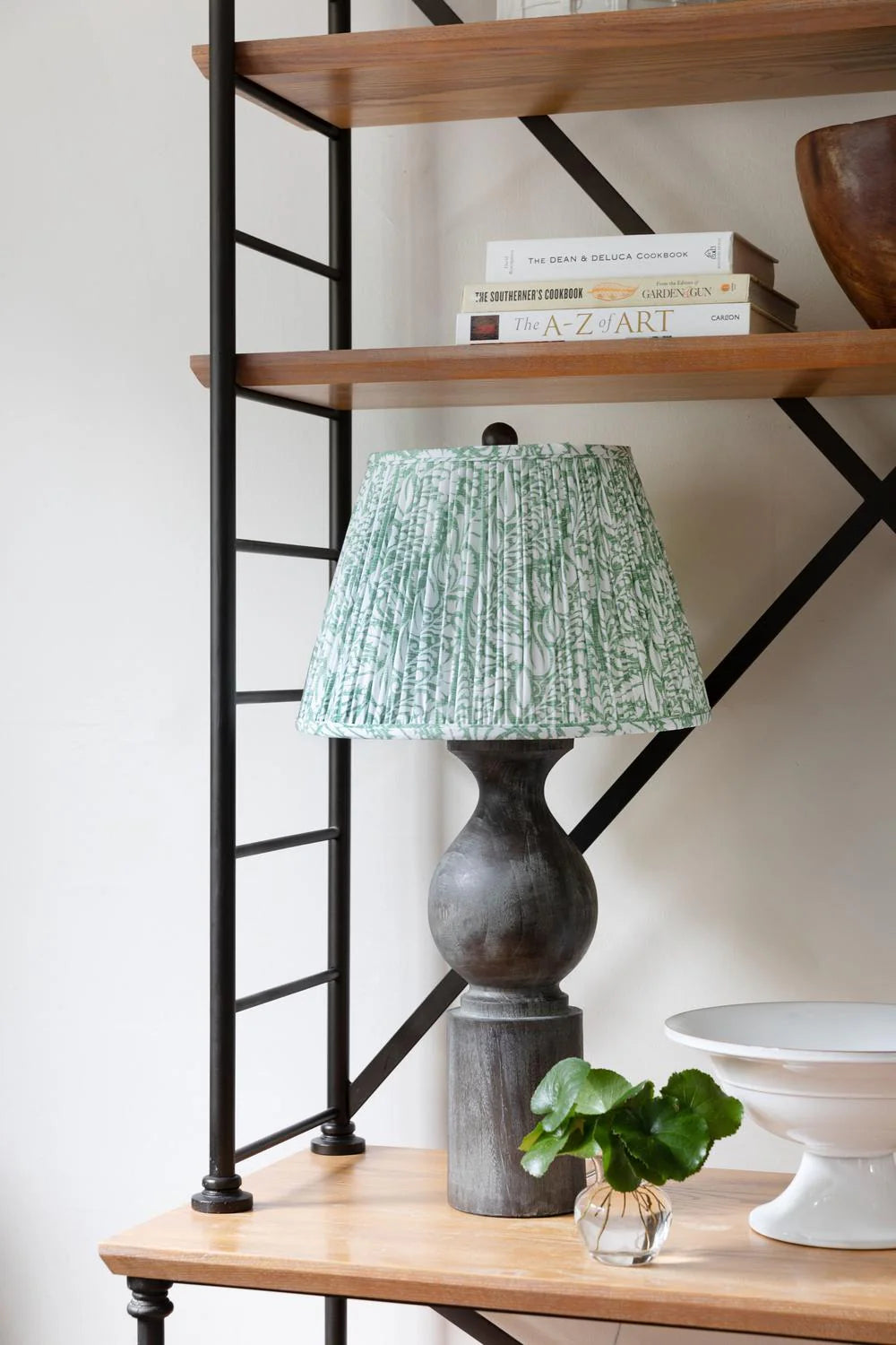 Sorella Glen Moss Fern Empire Lampshade styled on a dark wood table lamp in Nashville, Tennessee