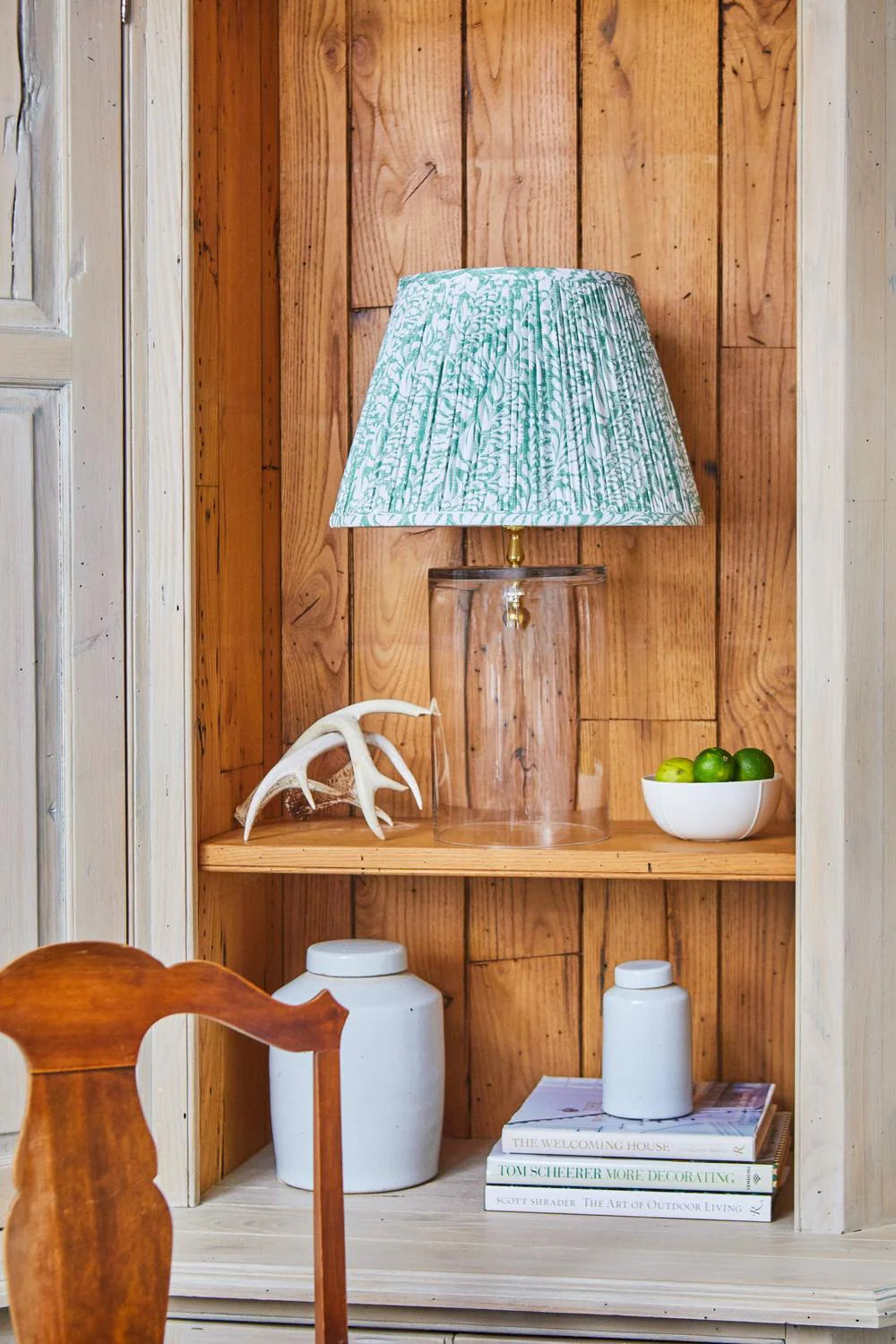 Sorella Glen Moss Fern Empire Lampshade styled on a glass table lamp in Nashville, Tennessee