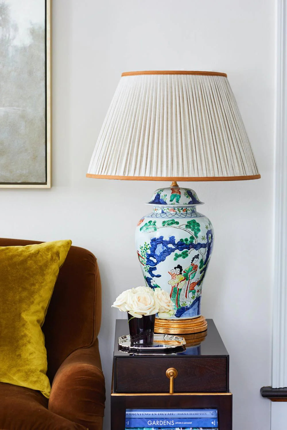 Sorella Glen Oatmeal Shirred Empire Lampshade with Caramel Trim styled on a blue and white oriental ginger jar lamp in Nashville, Tennessee