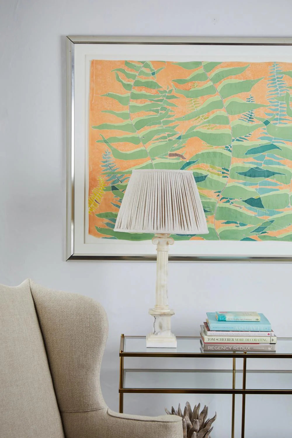 Sorella Glen Oatmeal Shirred Empire Lampshade styled on a marble table lamp in Nashville, Tennessee
