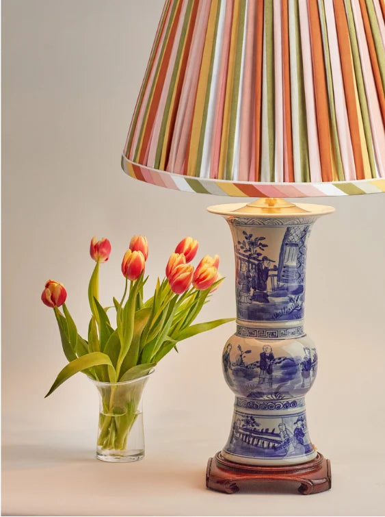 Sorella Glenn Bermuda Stripe Empire Lampshade with Skinny Sand Trim styled on a traditional blue and white table lamp in Nashville, Tennessee