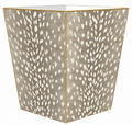 Taupe Antelope Wastebasket featuring an ivory antelope-inspired animal print, elegant flat top edge, gold-toned trim, and tapered square silhouette.