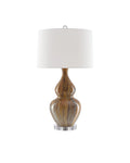 Brown swirled double gourd style table lamp with a white drum lampshade and acrylic base