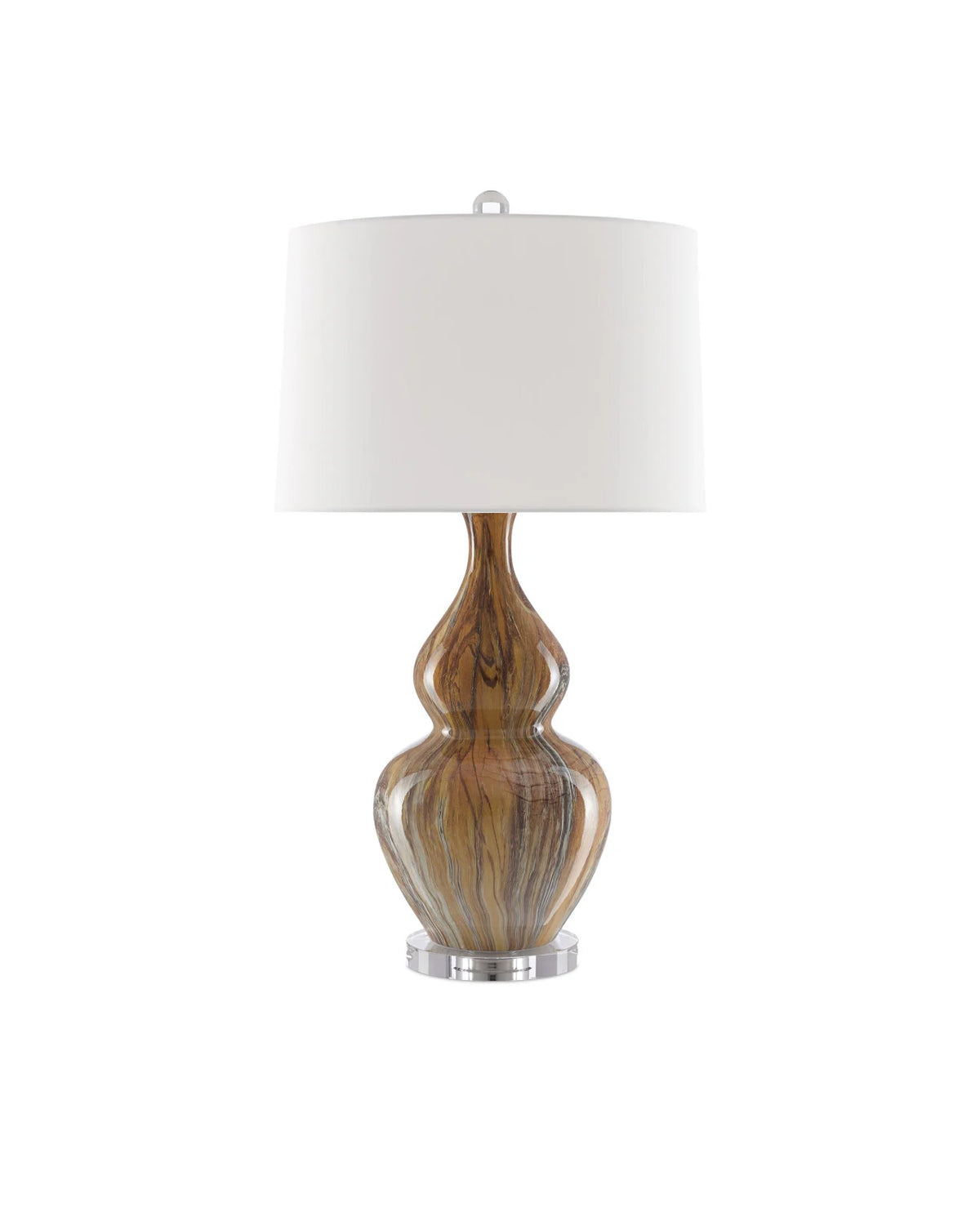 Brown swirled double gourd style table lamp with a white drum lampshade and acrylic base