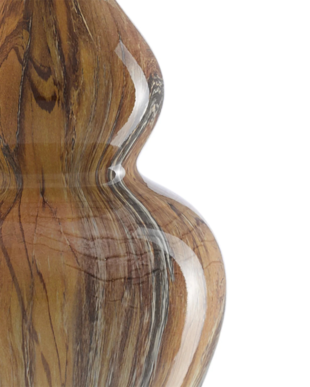 Brown swirled double gourd style table lamp with a white drum lampshade and acrylic base