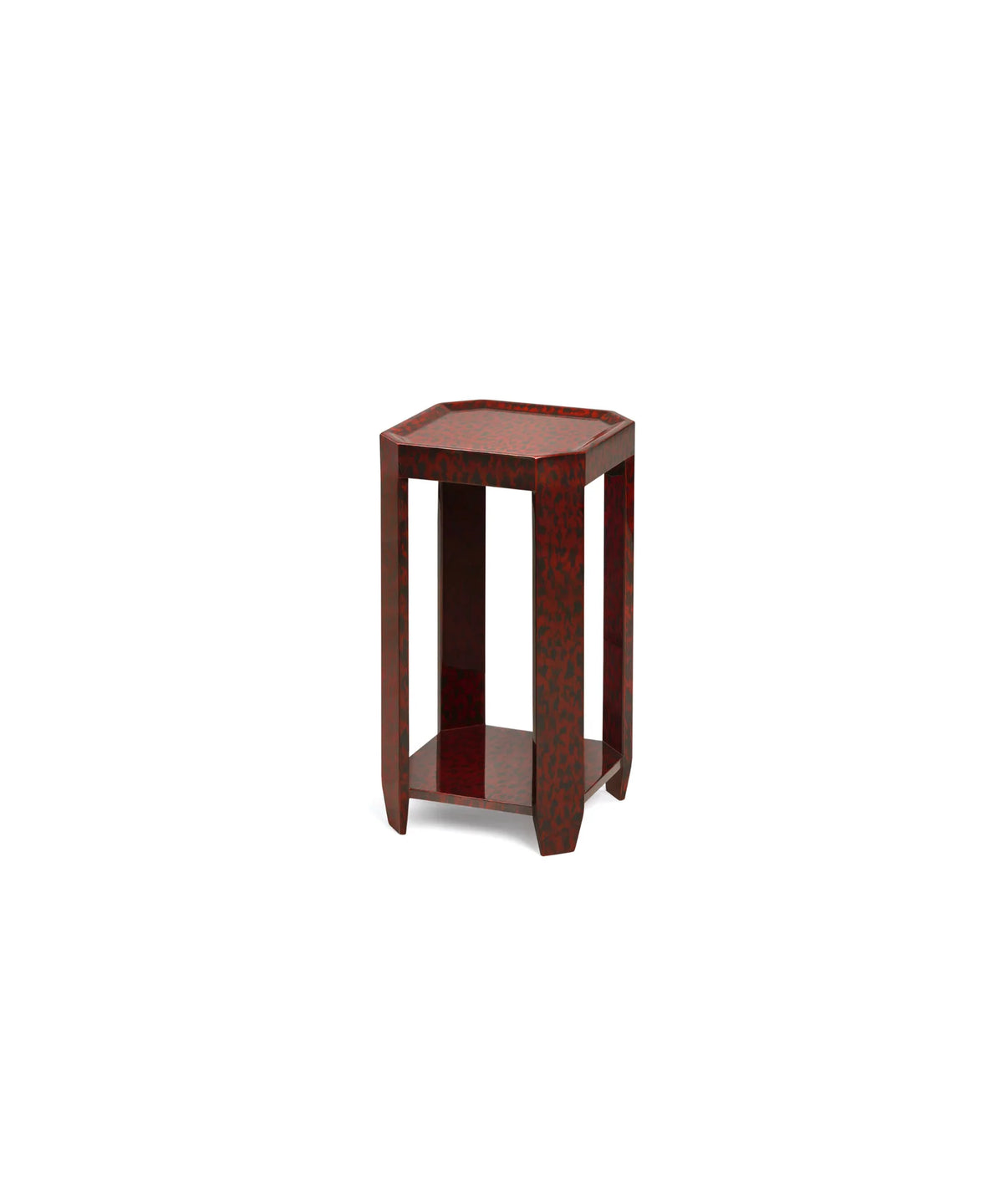 Felix Drinks Table in Brown Tortoiseshell with a glossy red-brown lacquer finish, raised-edge square top, open geometric frame, and lower shelf.