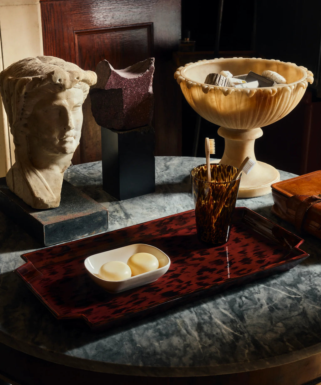 The Lacquer Company Medium Jean Tray in Brown Tortoiseshell styled in a bathroom in Nashville, Tennessee