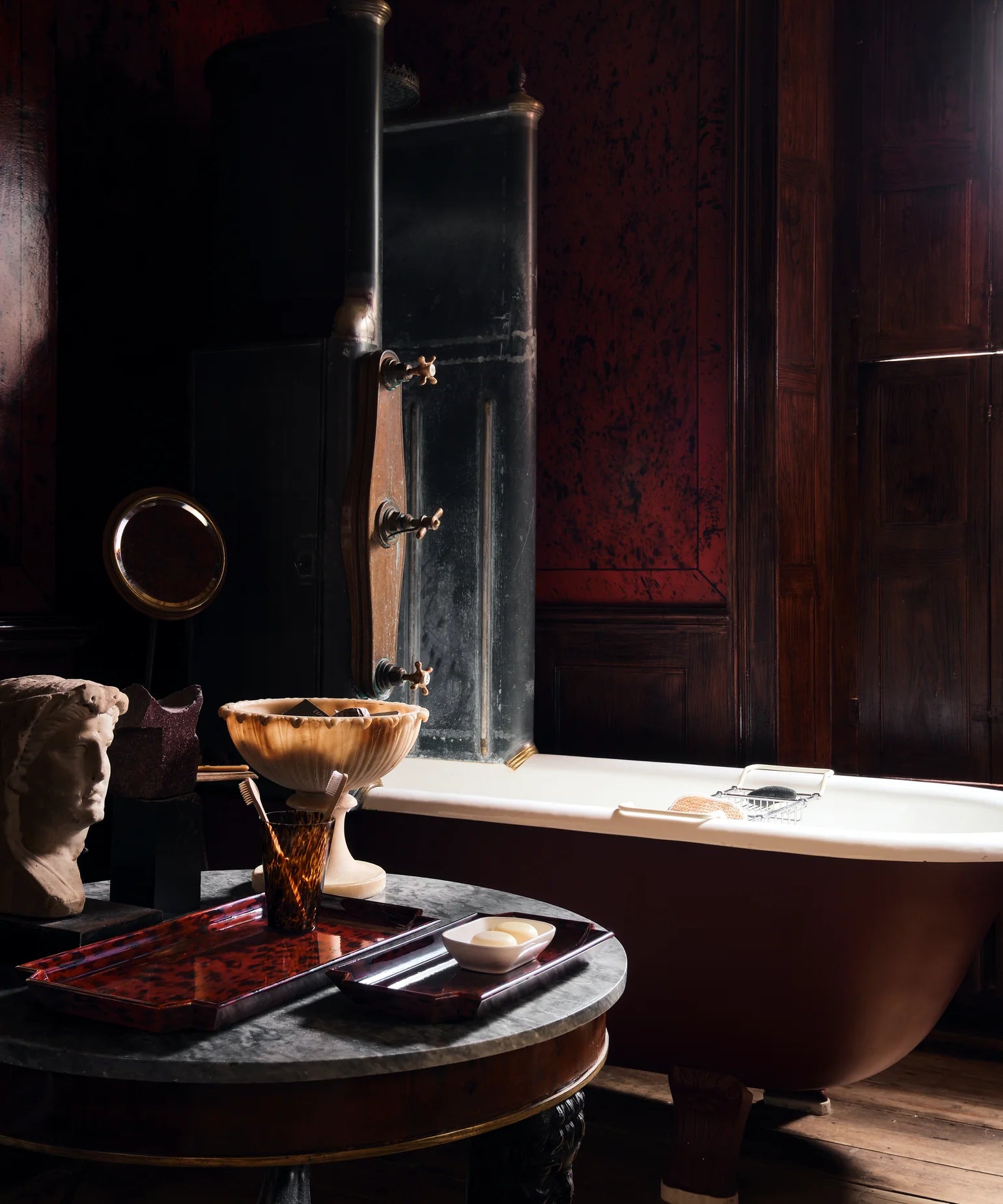 The Lacquer Company Medium Jean Tray in Brown Tortoiseshell styled in a bathroom in Nashville, Tennessee