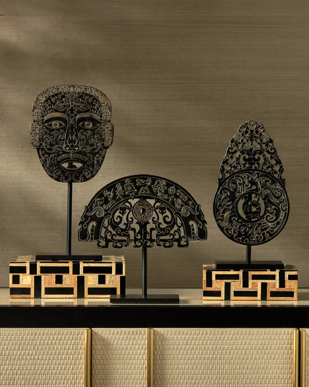 Black and wood woven geometric decorative box set 