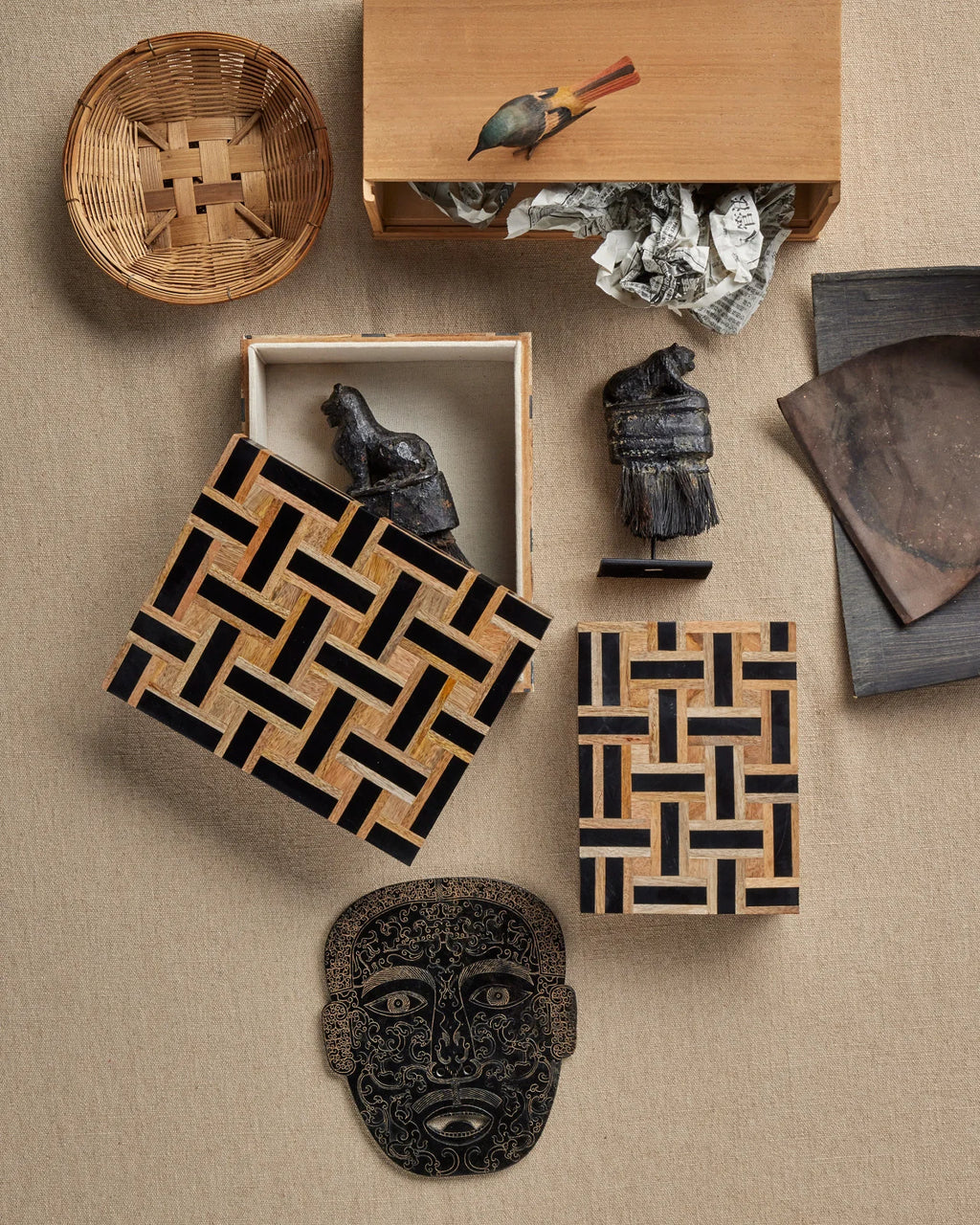 Black and wood woven geometric decorative box set 