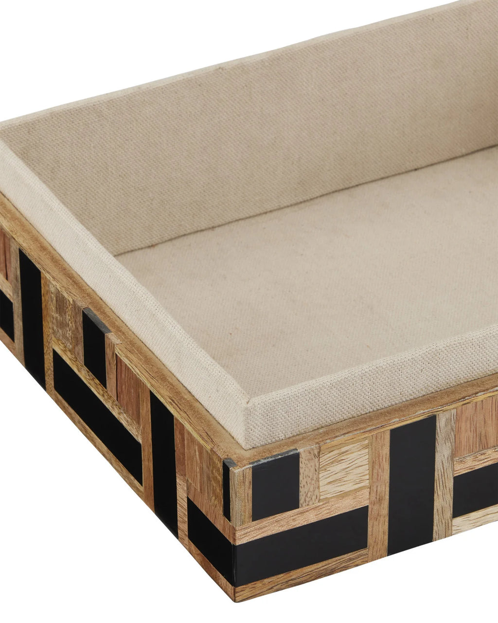 Black and wood woven geometric decorative box set interior with beige fabric