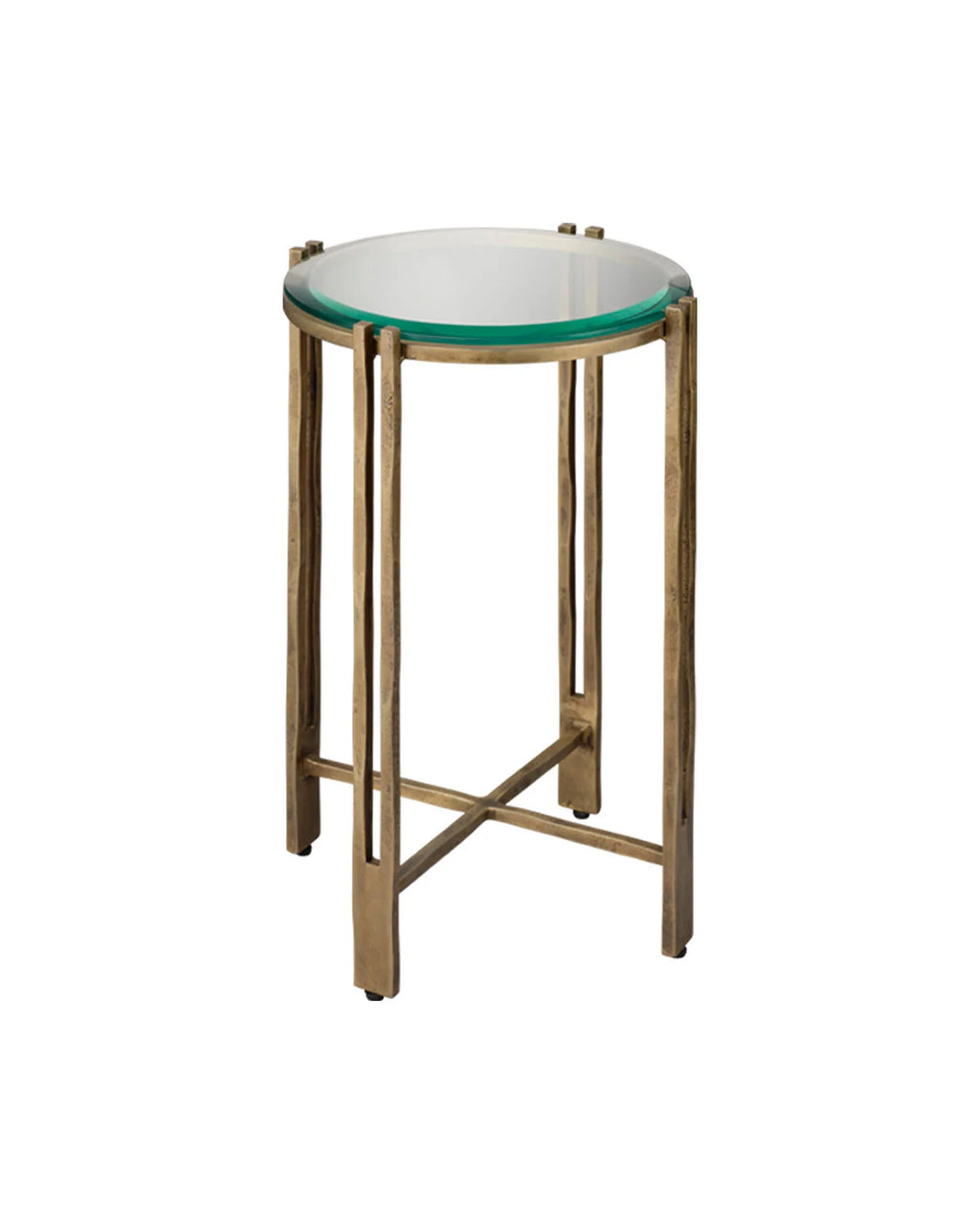 Contemporary side table with antique brass legs and a round glass top.