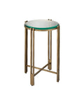 Contemporary side table with antique brass legs and a round glass top.