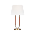 Katie Table Lamp by Lauren Ralph Lauren for Visual Comfort, featuring saddle leather-wrapped supports, warm brass accents, a circular brass base, and a white tapered lampshade.