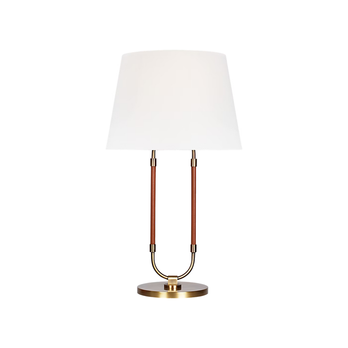 Katie Table Lamp by Lauren Ralph Lauren for Visual Comfort, featuring saddle leather-wrapped supports, warm brass accents, a circular brass base, and a white tapered lampshade.