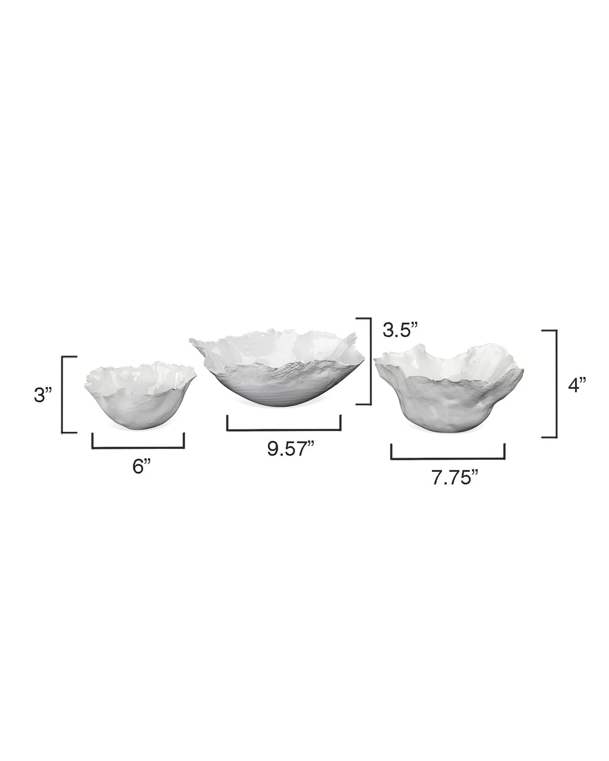 Set of three decorative white bowls with a soft petal shape.