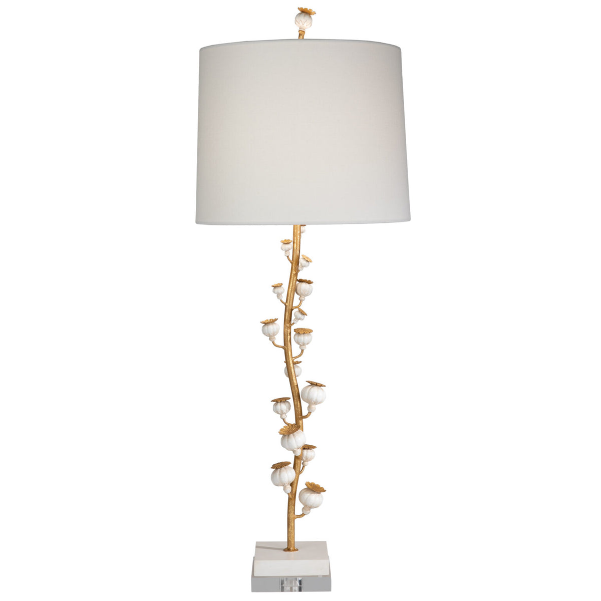 White and gold table lamp with flower bud sculptures on a gold stem