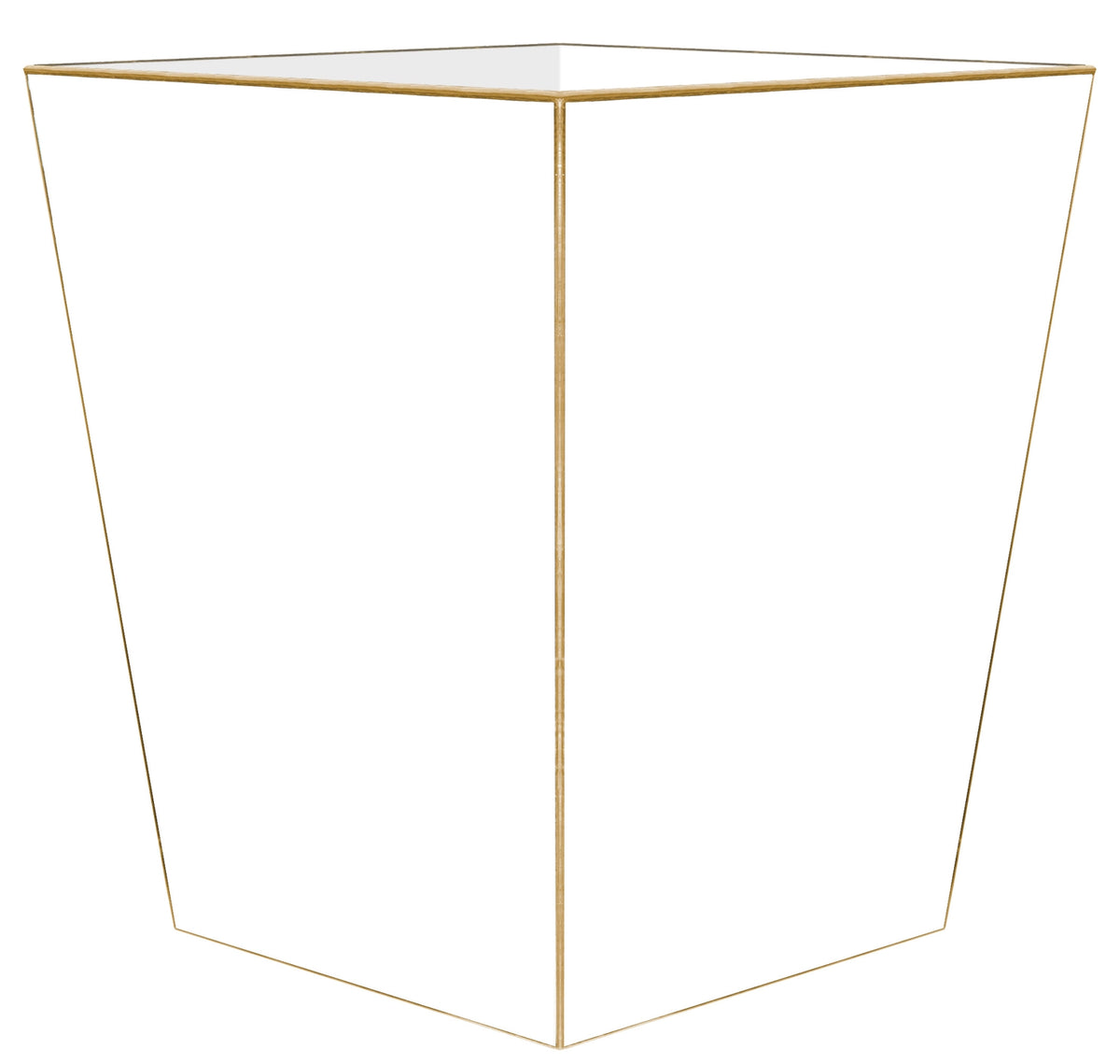 White and Gold Wastebasket featuring a crisp white finish, thin gold-toned trim, and a tapered square silhouette with clean, angular edges.